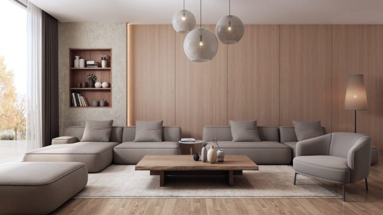 Aconchego Natural: Sala de Estar Moderna com Sofá de Linho e Madeira Clara - ideia