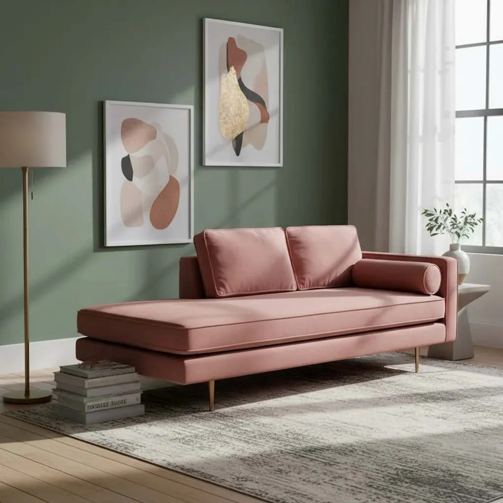 Sofá Sem Braço em Veludo Rosê com Detalhes em Metal Dourado - detalhe