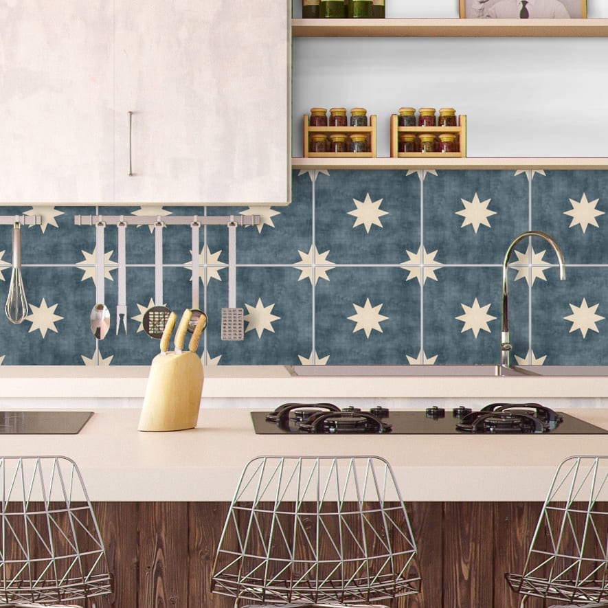 Backsplash de Azulejos Geométricos Azul e Branco - ideia