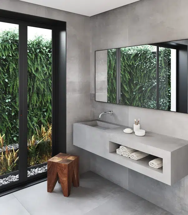 Banheiro Cinza com Azulejos Geométricos: Um Toque Divertido e Moderno - ideia