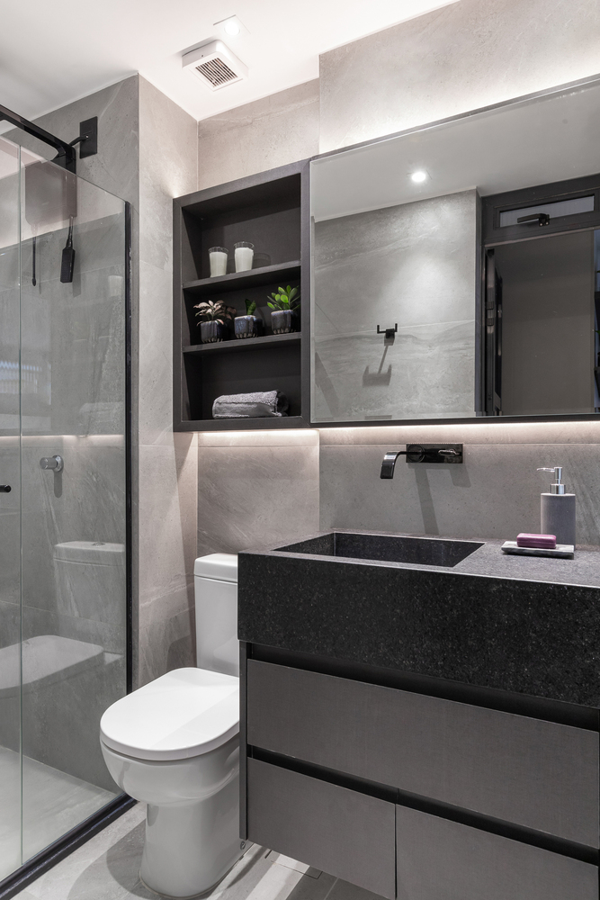 Lavabo Moderno com Cuba Esculpida em Granito Cinza - ideia