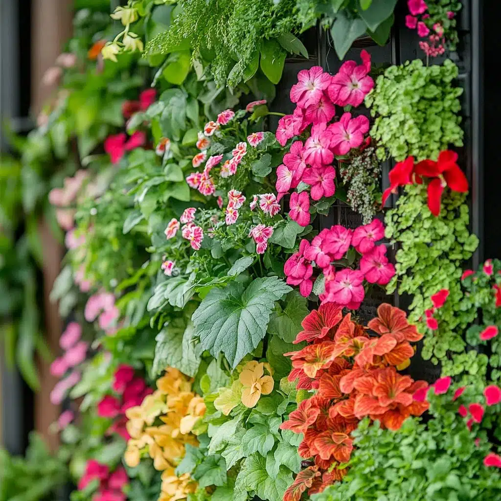 Jardim Vertical Vibrante com Flores Coloridas - detalhe