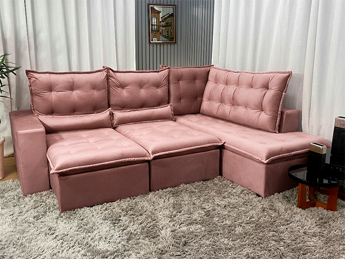 Toque Retrô: Sofá de Canto com Pés Palito e Tecido Aveludado em Tons Pastel - inspiração