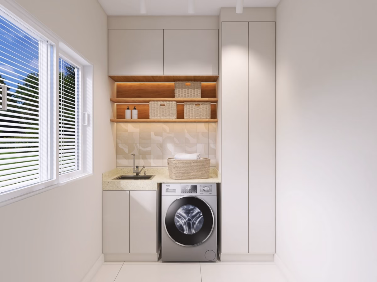 Área de Serviço Planejada Minimalista com Detalhes em Madeira Clara: Paz e Organização! - inspiração