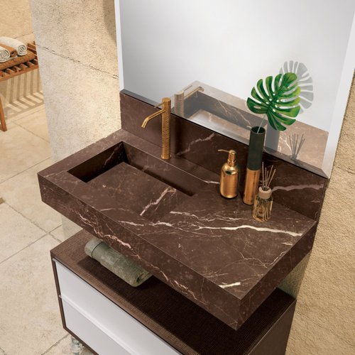 Bancada de Porcelanato com Cuba Esculpida e Textura Amadeirada: Integração Perfeita - ideia