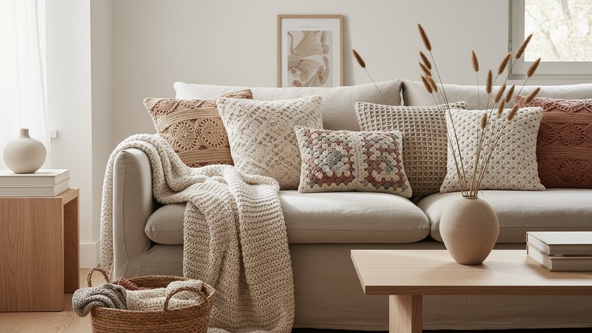 Sofá Rústico de Madeira com Almofadas de Crochê: Charme Artesanal! - ideia