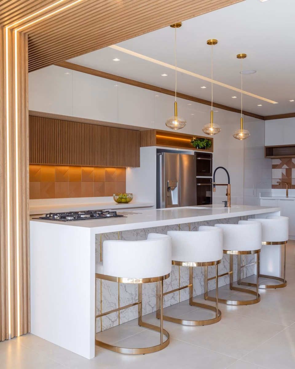 Bancada de Cozinha Americana com Cuba Embutida e Torneira Gourmet: Funcionalidade e Sofisticação - ideia