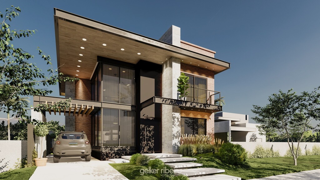 Fachada com Volumes Assimétricos e Cores Vibrantes - ideia