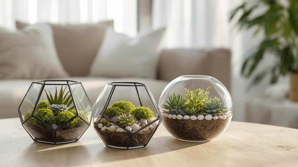 Elegância Natural: Fitônia em Terrários Geométricos de Vidro - ideia