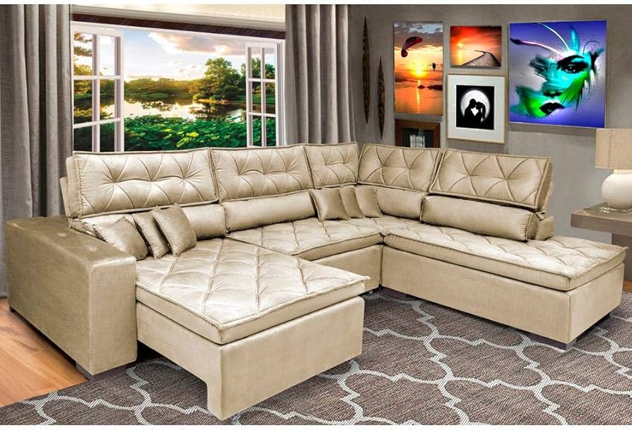 Toque Retrô: Sofá de Canto com Pés Palito e Tecido Aveludado em Tons Pastel - ideia