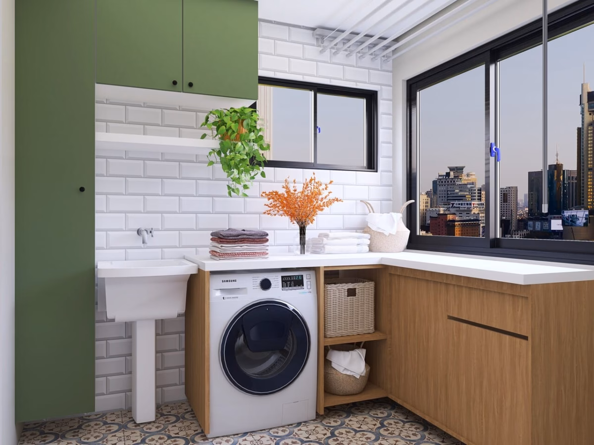 Área de Serviço Planejada Minimalista com Detalhes em Madeira Clara: Paz e Organização! - detalhe