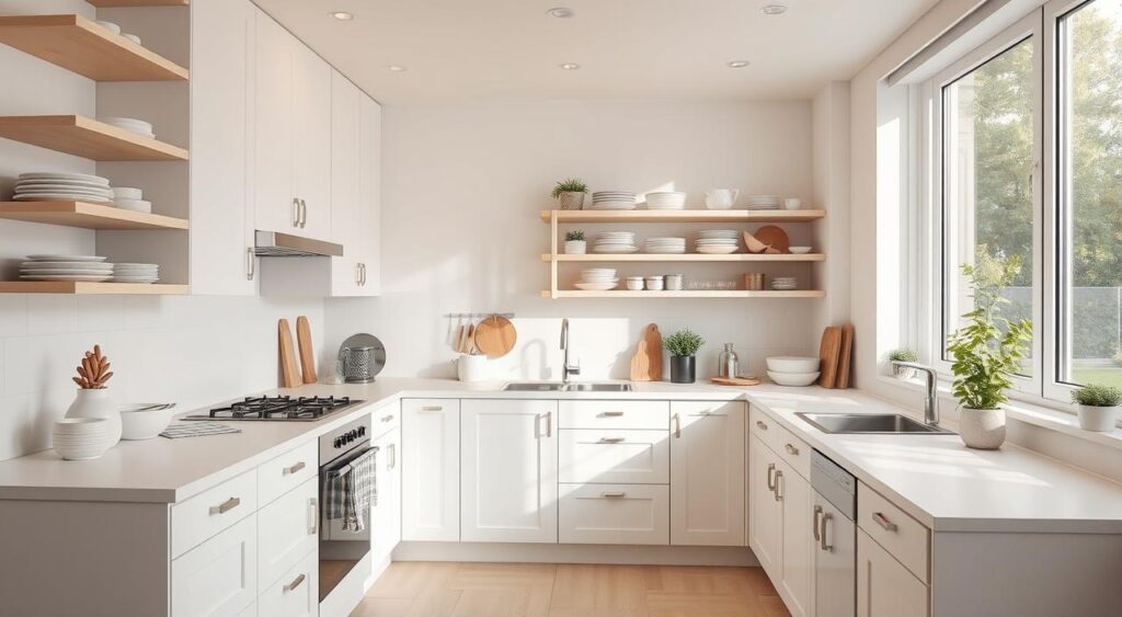 Cozinha Compacta e Multifuncional: Soluções Inteligentes com Móveis Planejados e Cores Claras - detalhe