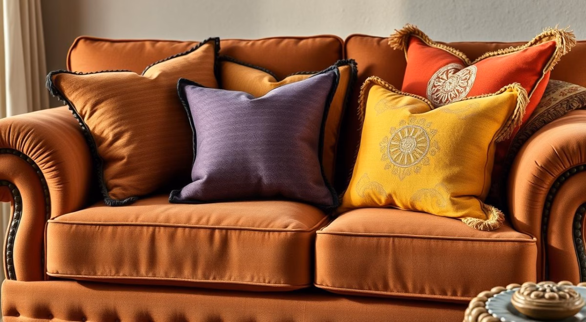 Sofá de Couro com Almofadas Coloridas: Dando Vida ao Espaço - ideia