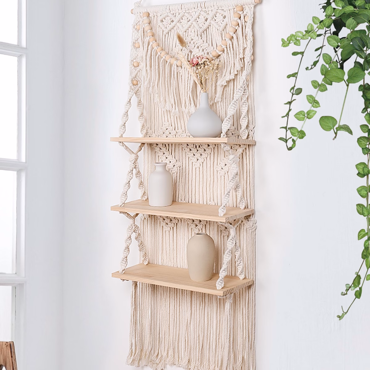 Prateleiras Suspensas de Macramê: Um Toque Boho na Sua Cozinha - detalhe