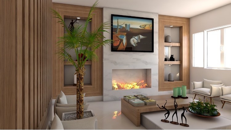 Com Lareira Ecológica e Detalhes em Cimento Queimado - inspiração