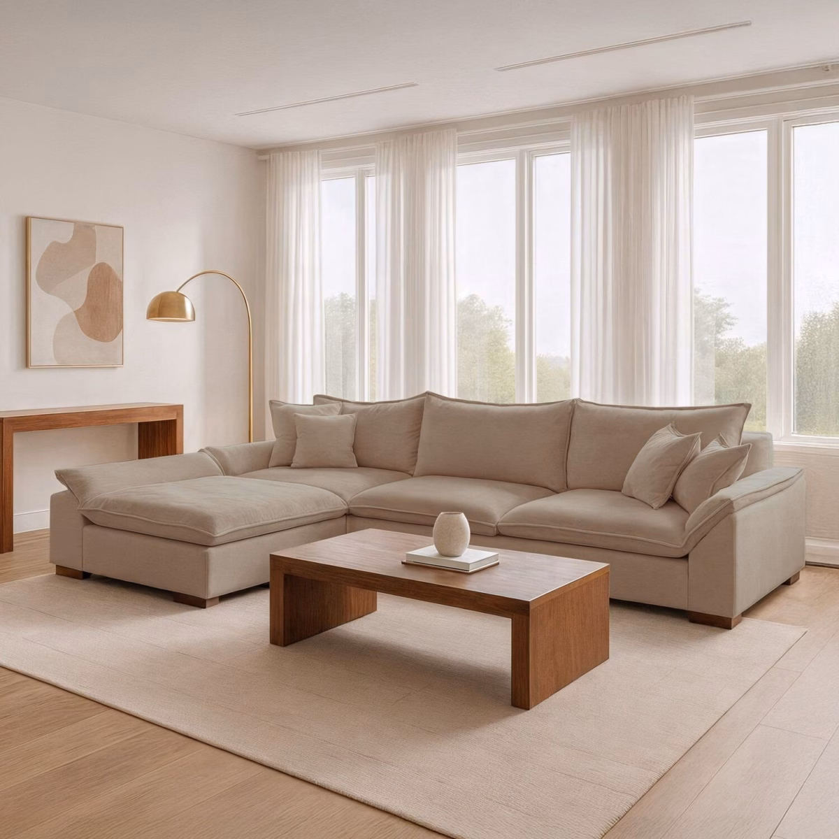 Maximizando Espaços: Sofá de Canto com Base em Madeira e Nichos Integrados - detalhe