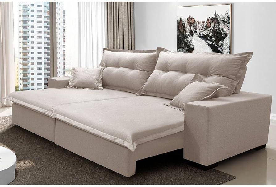 Elegância Natural: Sofá Retrátil e Reclinável em Linho Cru com Almofadas Bordadas - detalhe