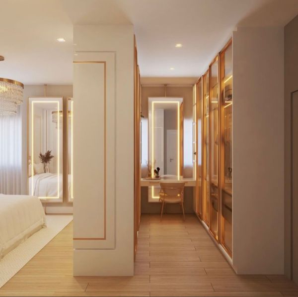 Suíte com Iluminação Estratégica e Espelhos Ampliando o Espaço - detalhe