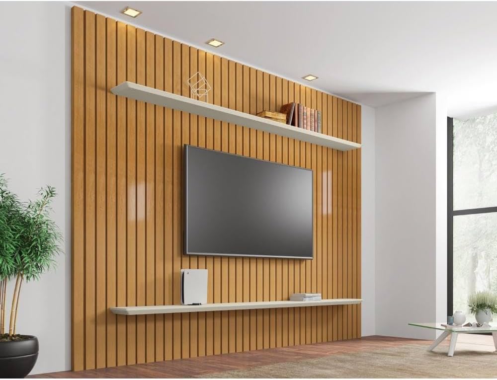 Painel de TV com Prateleiras Assimétricas: Design e Funcionalidade - inspiração