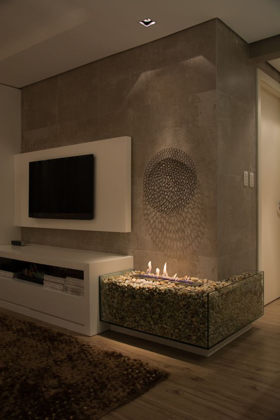 Com Lareira Ecológica e Detalhes em Cimento Queimado - ideia