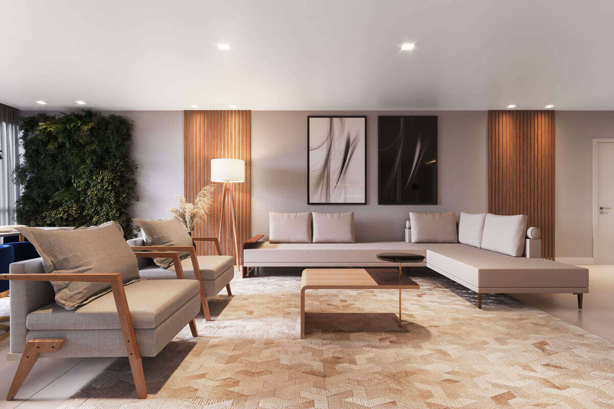 Maximizando Espaços: Sofá de Canto com Base em Madeira e Nichos Integrados - ideia