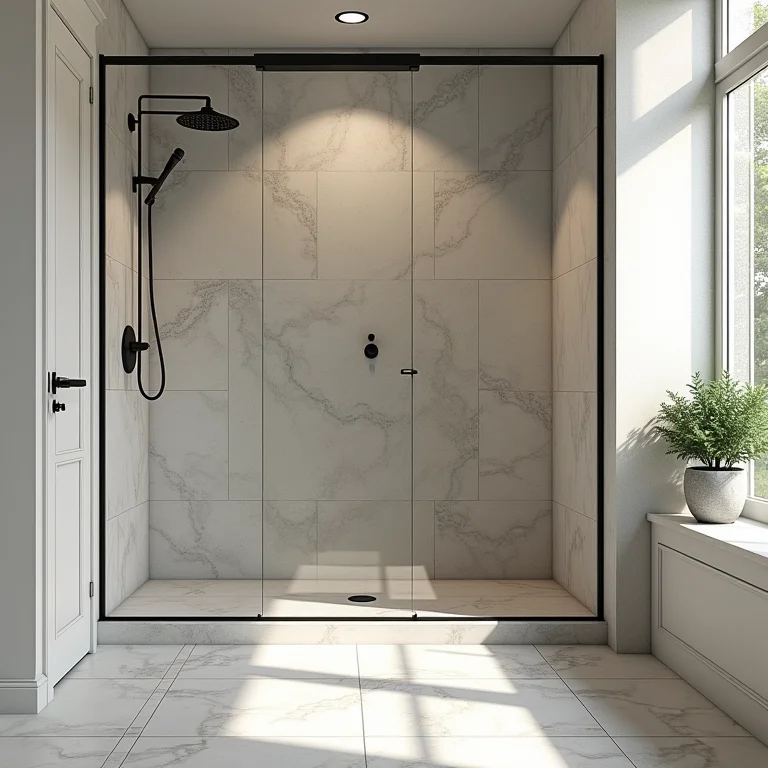 Banheiro com box de vidro mostrando diferentes tamanhos de azulejos.