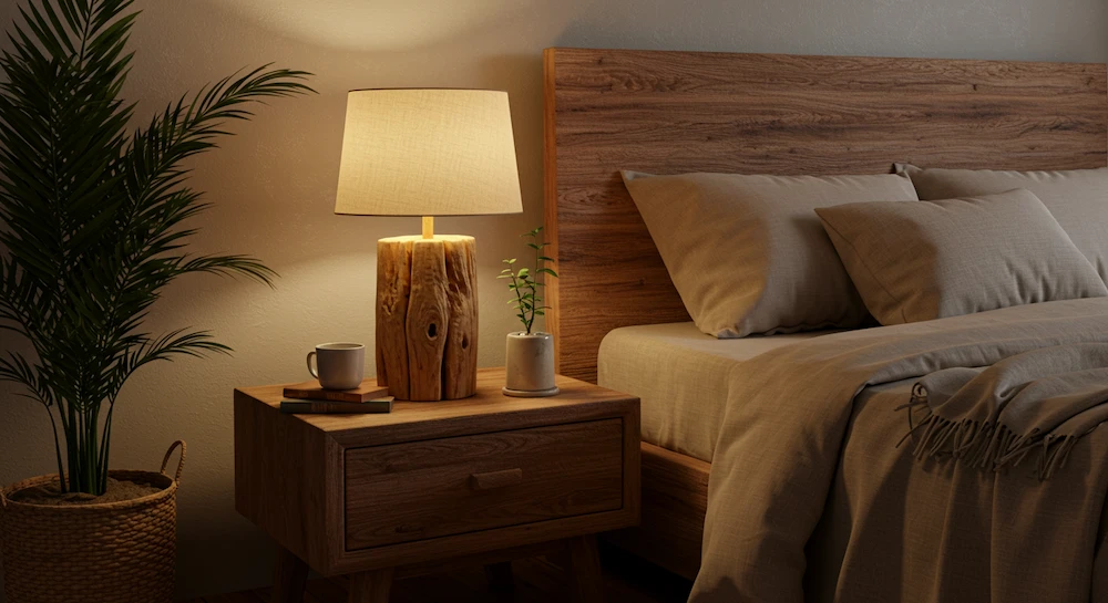 Abajur com Base de Madeira Rústica: Aconchego Natural para Relaxar - detalhe