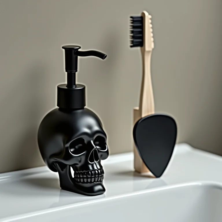 Acessórios de banheiro temáticos de rock: porta-escova e saboneteira.