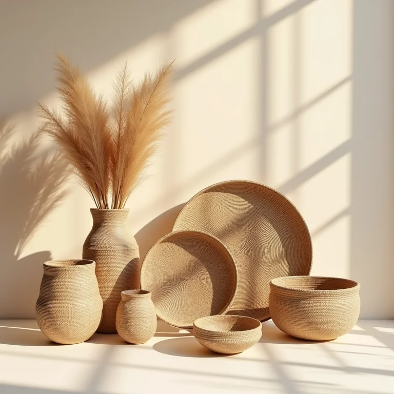 Acessórios decorativos rústicos: cestos de vime, cerâmica e tigelas de madeira.