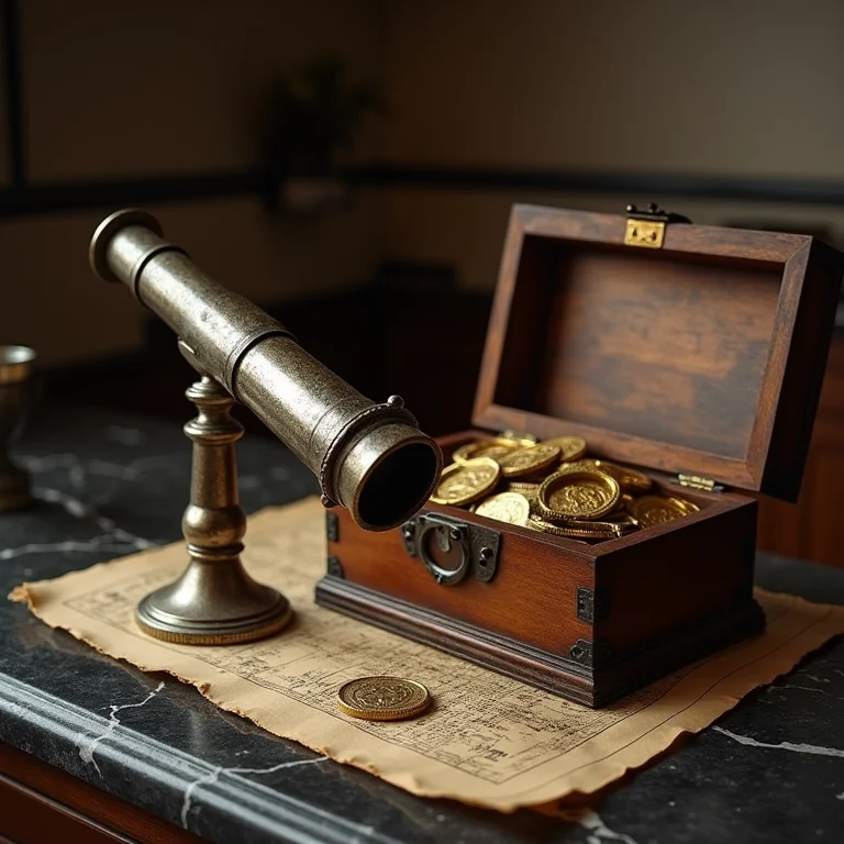 Acessórios temáticos de pirata como luneta, mapas antigos e moedas de ouro.