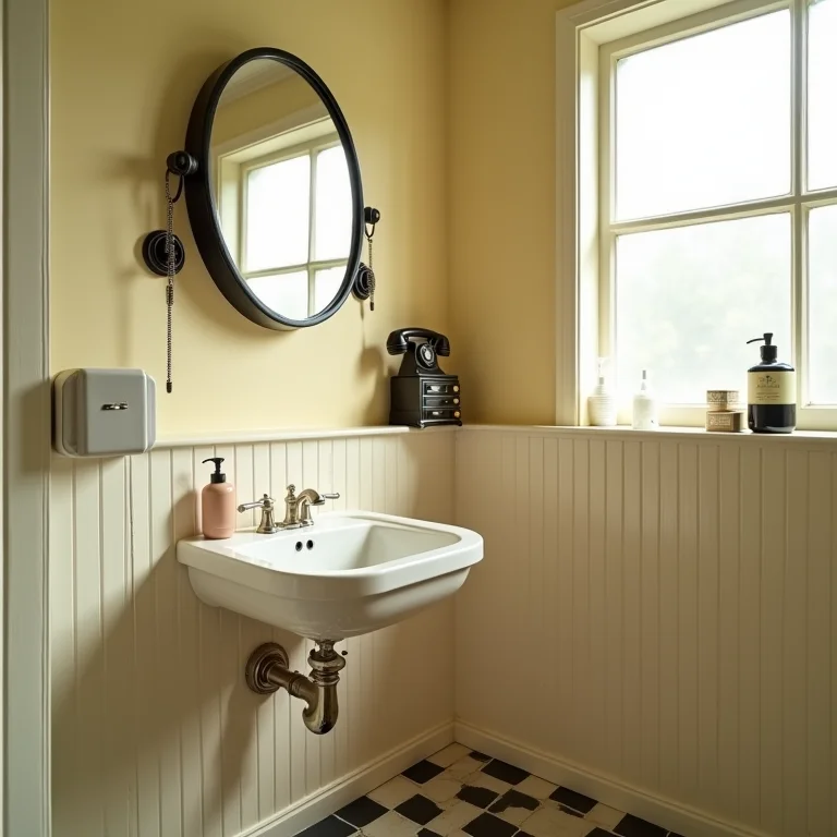 Acessórios vintage em banheiro retrô com piso xadrez