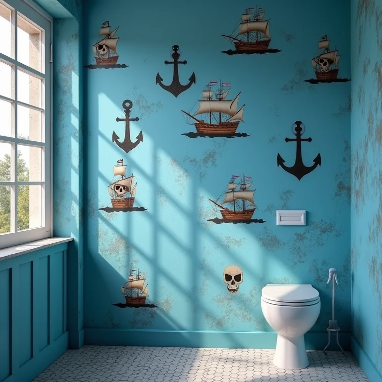 Adesivos de parede com tema pirata em um banheiro.