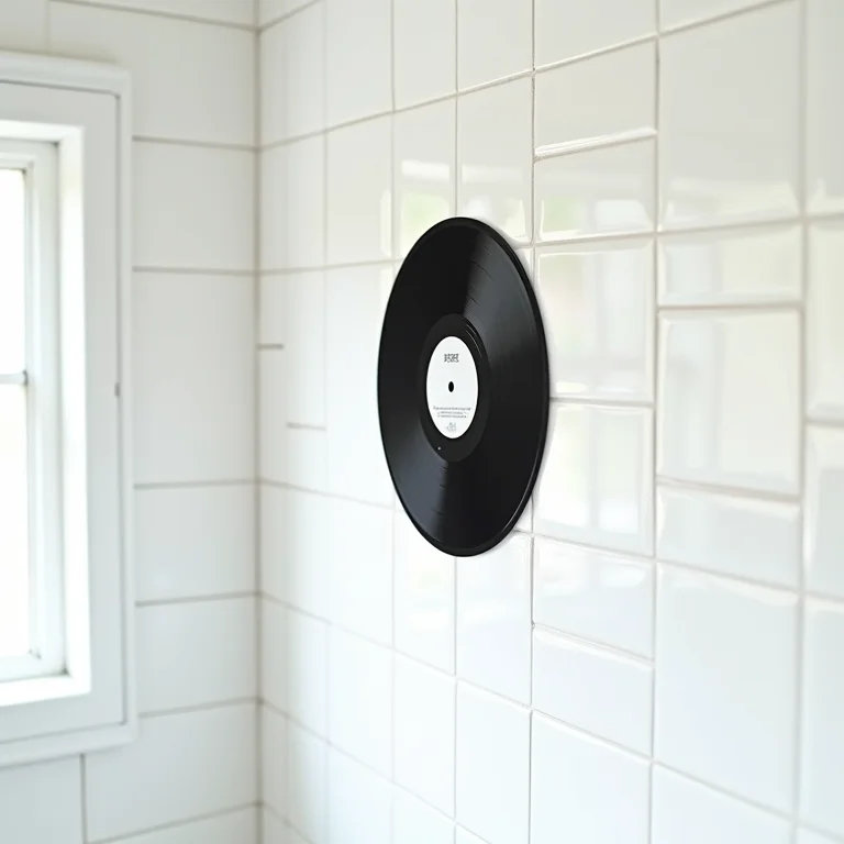 Adesivos de vinil com temática rock decorando parede de banheiro.