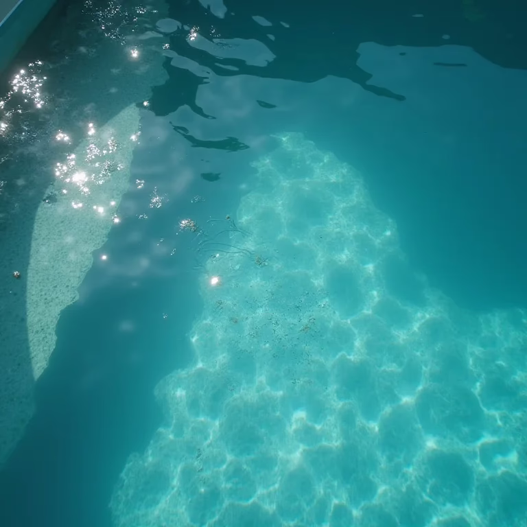 Água de piscina turva e com algas.