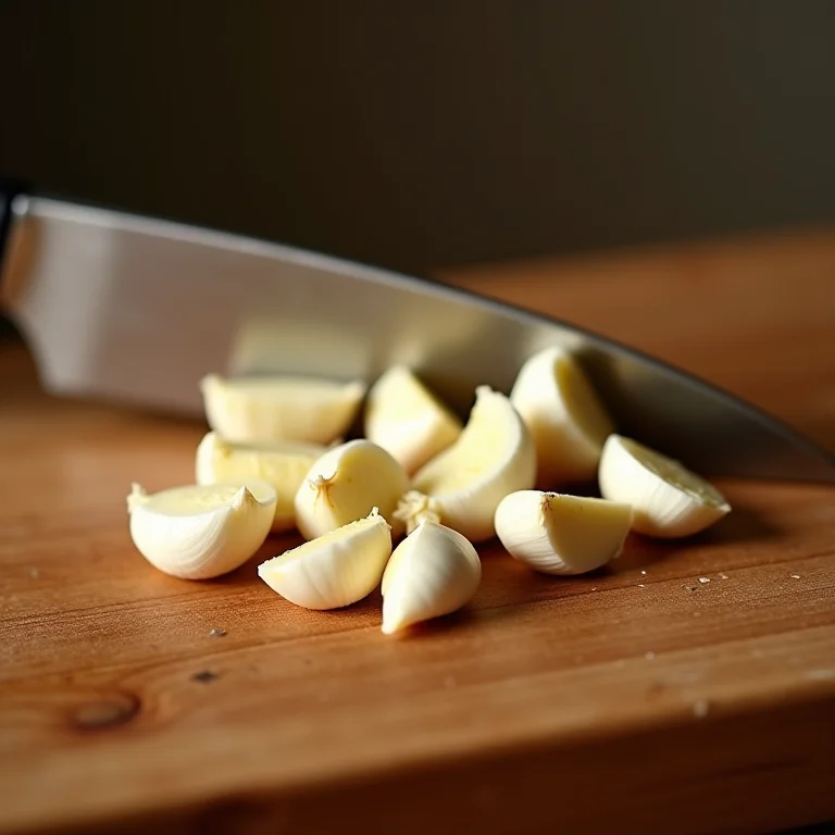 Alho sendo picado em uma tábua de madeira.