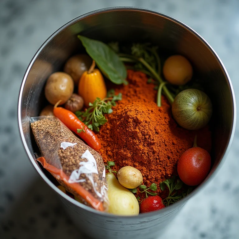 Alimentos descartados de forma organizada em uma lixeira.