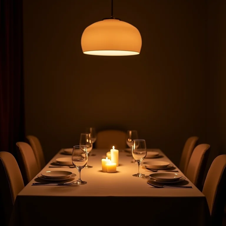 Ambiente de jantar com iluminação suave criando uma atmosfera íntima