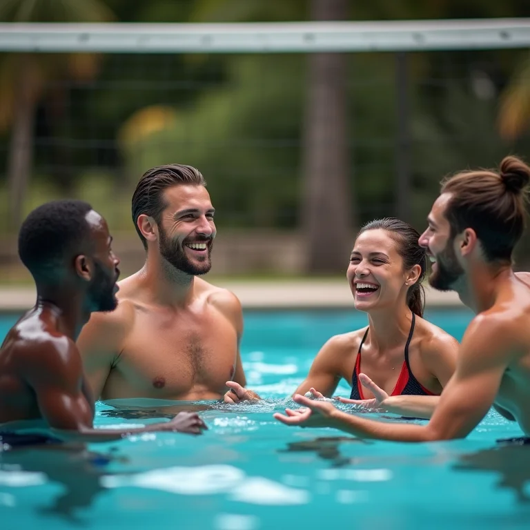 Amigas adaptando as regras do vôlei na piscina