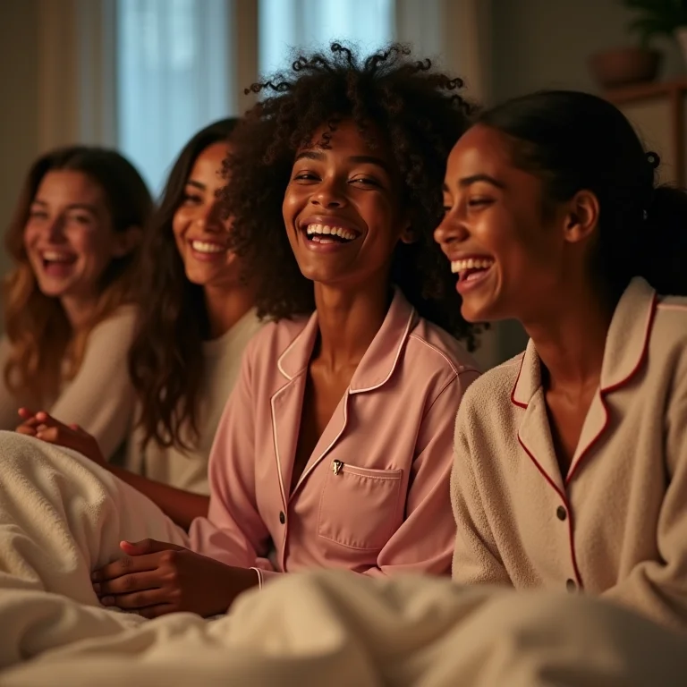 Amigas rindo em festa do pijama