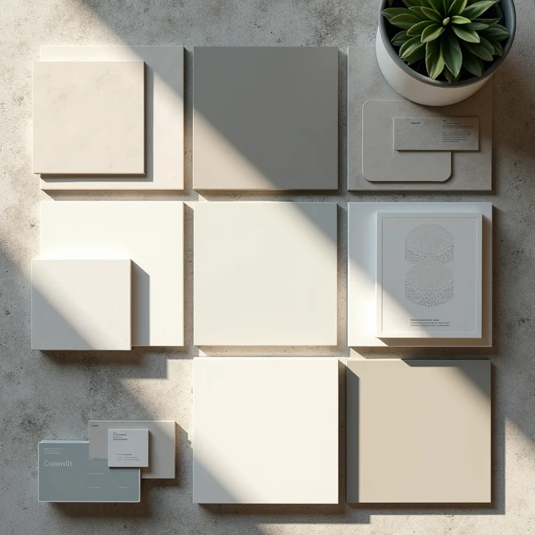 Amostras de acabamentos para lavanderia organizadas em flat lay