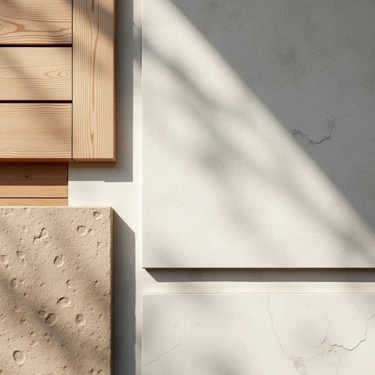 Amostras de materiais de construção e revestimentos para fachadas.