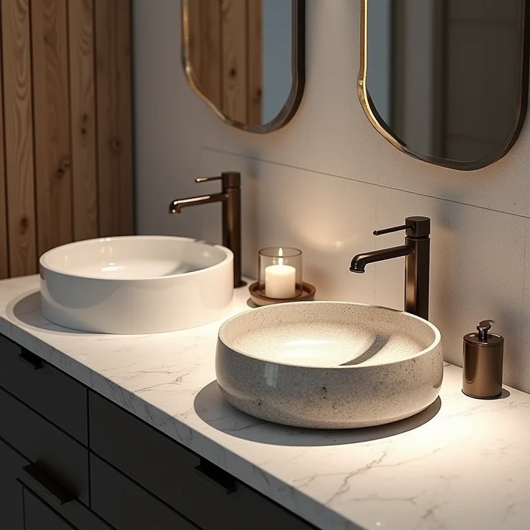 Amostras de materiais de cubas: cerâmica, pedra, vidro e metal.