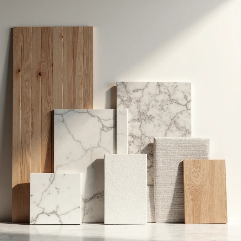 Amostras de materiais e acabamentos para reforma de apartamento.