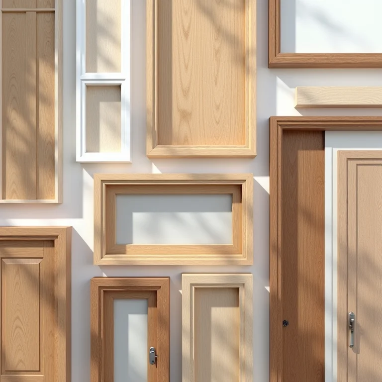 Amostras de materiais para portas e janelas: madeira, alumínio e PVC.