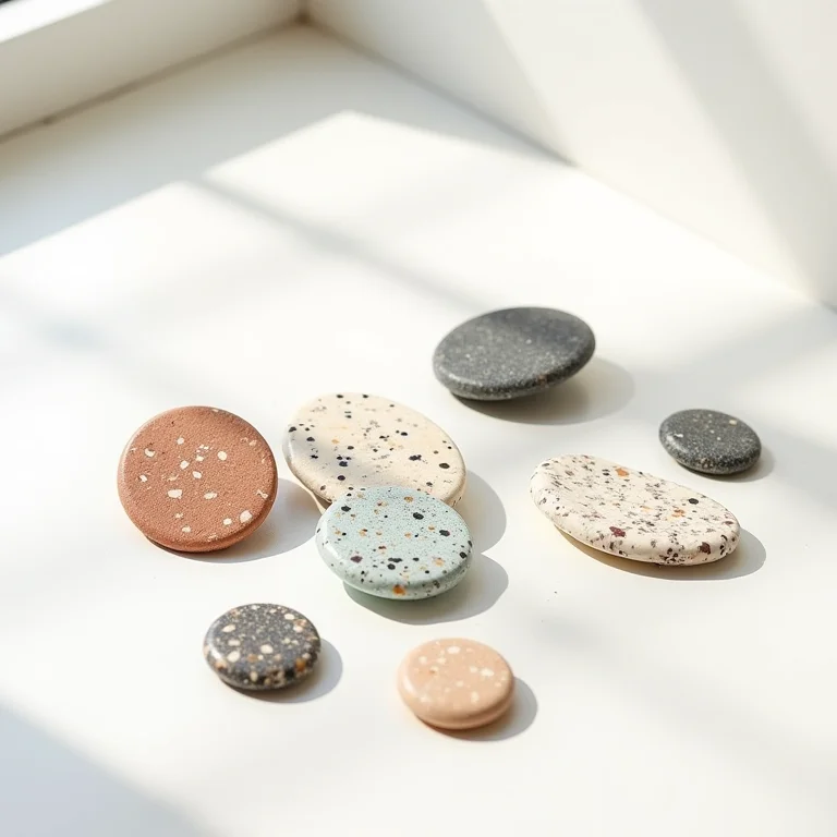 Amostras de pisos de caco de mármore em diferentes cores e padrões.