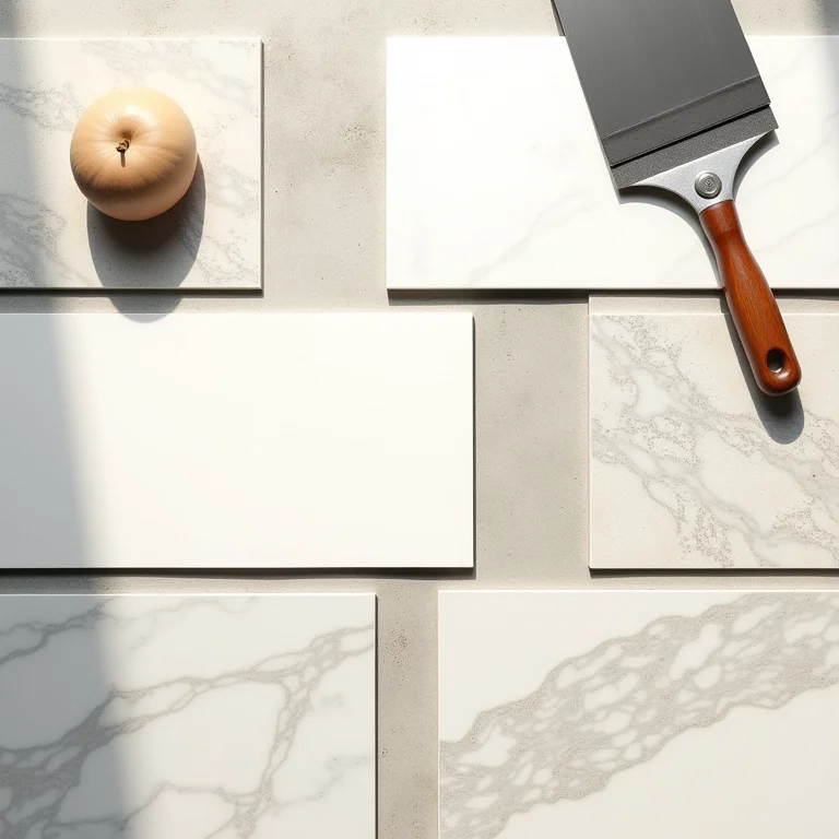 Amostras de revestimentos, argamassa e espátula sobre concreto