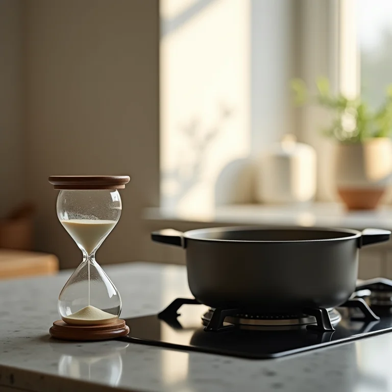 Ampulheta e panela no fogão representando economia de tempo e gás