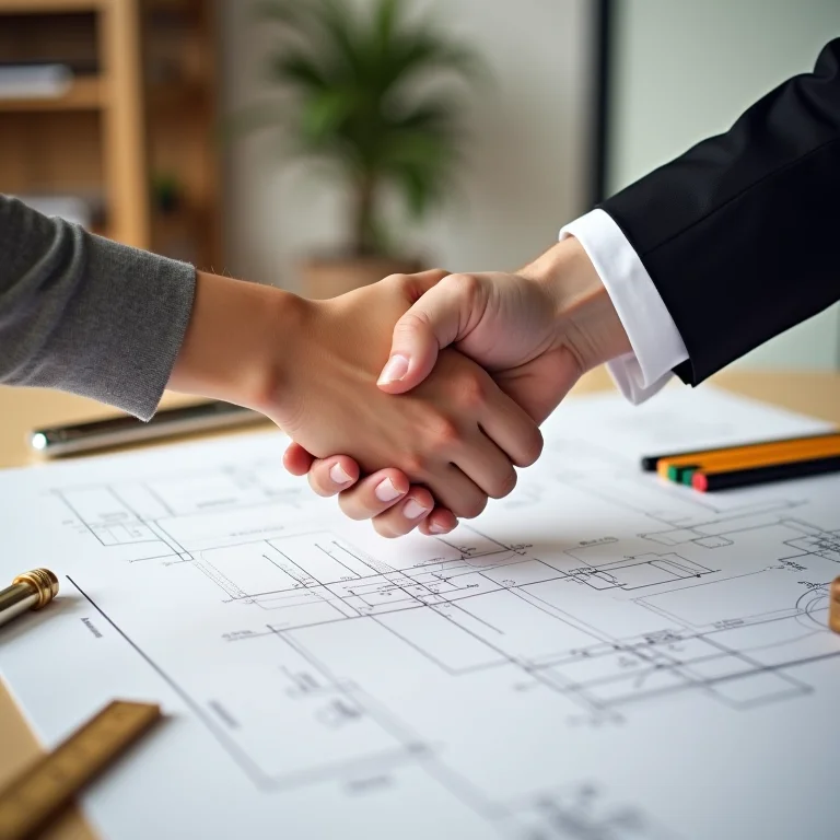 Aperto de mãos sobre plantas arquitetônicas.