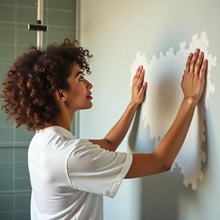 Aplicando adesivos 3D na parede do banheiro