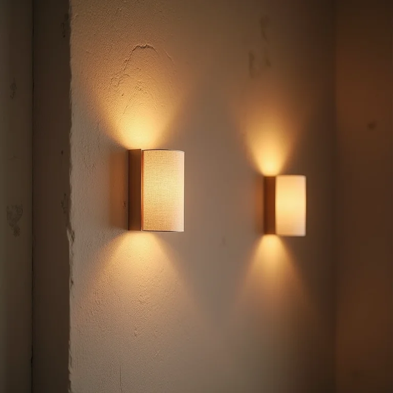 Arandelas emitindo luz quente em uma parede texturizada.